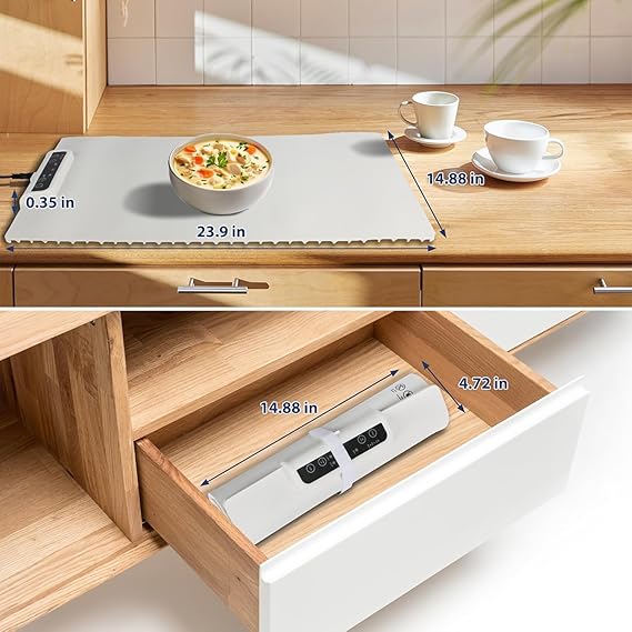 Electric Food Warmer Mat – Foldable Fast-Heating Silicone Hot Plate with 3 Temp Settings & Timer | Portable Roll-Up Warming Tray for Buffet & Dining Table