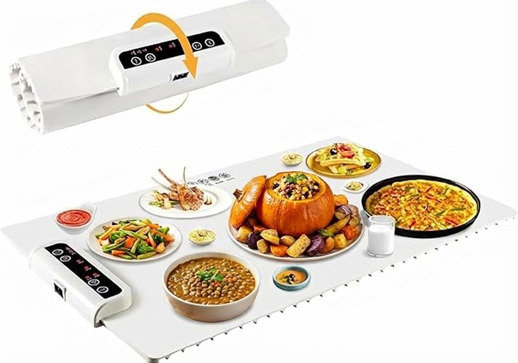Electric Food Warmer Mat – Foldable Fast-Heating Silicone Hot Plate with 3 Temp Settings & Timer | Portable Roll-Up Warming Tray for Buffet & Dining Table
